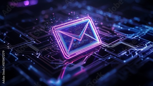 A digital representation of an email icon illuminated in vibrant blue and pink colors, set against a futuristic circuit-like background.