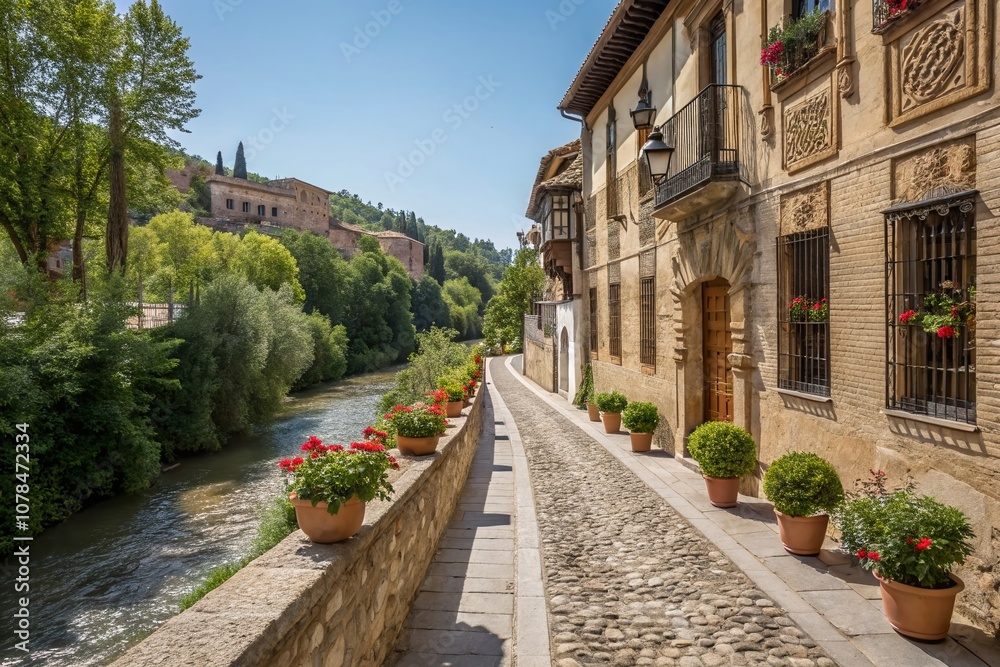 Charming Riverside Street Along the Darro River in Granada, Andalusia, Showcasing Narrow Cobblestone Pathways, Historic Architecture, and Lush Greenery Charming Riverside Street Along the Darro River in Granada, Andalusia, Showcasing Narrow Cobblestone Pathways, Historic Architecture, and Lush Greenery