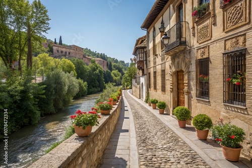 Charming Riverside Street Along the Darro River in Granada, Andalusia, Showcasing Narrow Cobblestone Pathways, Historic Architecture, and Lush Greenery photo