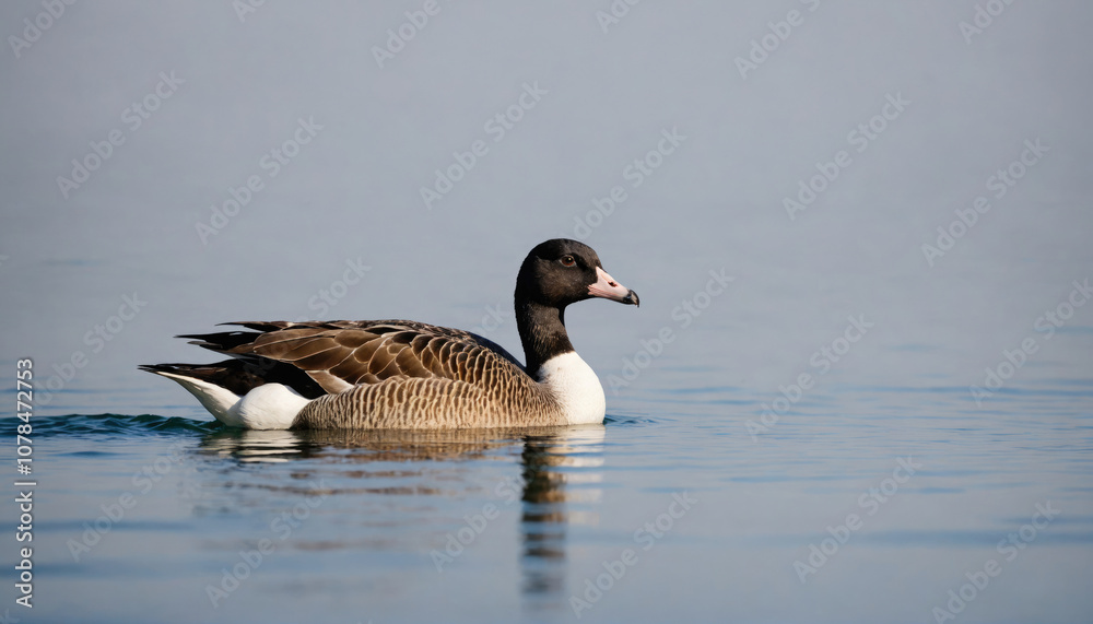 A goose swims calmly in a lake on a foggy morning A goose swims calmly in a lake on a foggy morning