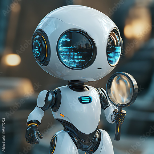 3D robot character holding magnifying glass, showcasing futuristic technology and digital elements. This charming robot embodies curiosity and innovation in modern setting