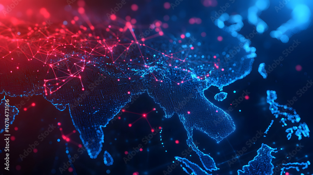 Digital map of Asia, concept of global network and connectivity, data transfer and cyber technology, business exchange, information and telecommunication Digital map of Asia, concept of global network and connectivity, data transfer and cyber technology, business exchange, information and telecommunication