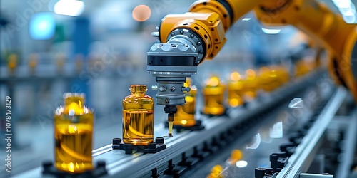 3d rendering robotic arm working on assembly line in factory. Smart industry 4.0 concept