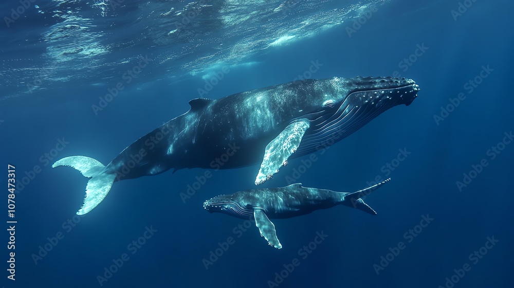 Fototapeta premium A humpback whale and her calf swim together in the ocean.