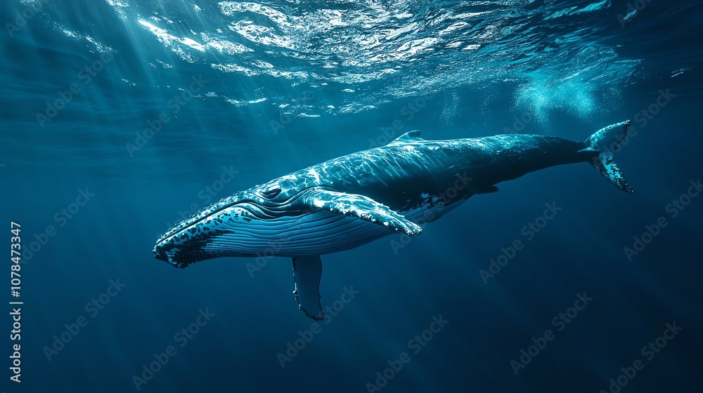 Fototapeta premium A humpback whale swims through a deep blue ocean.
