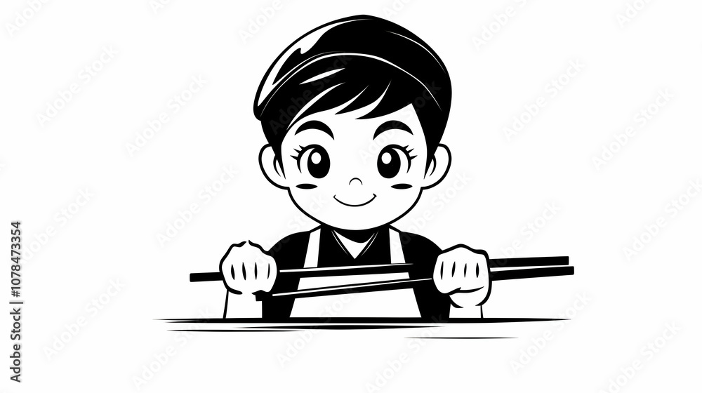 Smiling Chef Holding Chopsticks Illustration