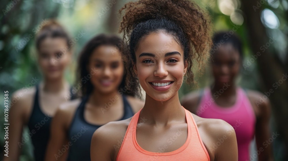 Smiling group of women in sports attire outdoors. Smiling group of women in sports attire outdoors.