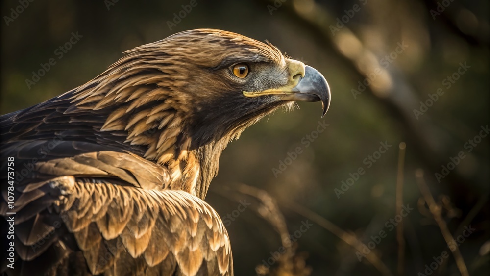 Close-Up Image of a Majestic Golden Eagle with Intense Gaze, Showcasing Feather Details and Natural Habitat in a Rule of Thirds Composition for Wildlife Photography Enthusiasts Close-Up Image of a Majestic Golden Eagle with Intense Gaze, Showcasing Feather Details and Natural Habitat in a Rule of Thirds Composition for Wildlife Photography Enthusiasts
