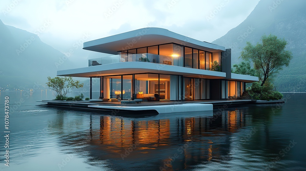 the modern concept architecture on the water 3d rendering the modern concept architecture on the water 3d rendering