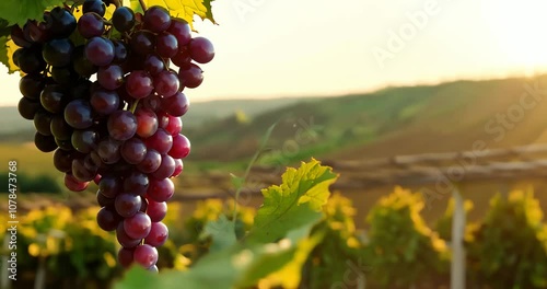Cluster of grapes hanging in the vineyard with morning dew and sunlight