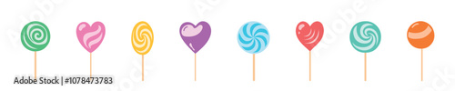 Set of colorful heart and swirl lollipops isolated on a white background. Concept of candy, sweet treats, dessert, confectionery. Design elements, illustrations for kids, and festive celebrations