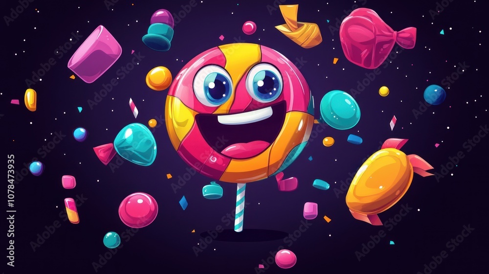 Naklejka premium Smiling Lollipop with Candy Explosion