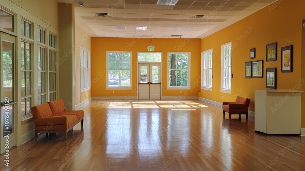 Fototapeta premium Spacious Room with Bright Yellow Walls and Hardwood Floors