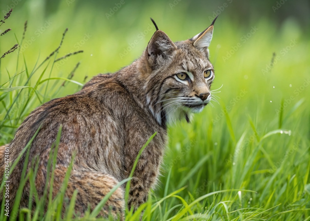 Obraz premium Closeup of a Bobcat Lynx with Wet Fur Sitting Gracefully in Lush Green Grass Amidst Nature's Beauty, Capturing the Essence of Wildlife Photography