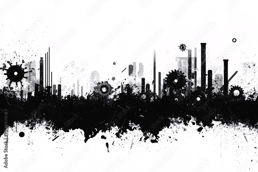 Obraz premium A mechanical cityscape made of black ink splatters with industrial gears and pipes against a white backdrop 