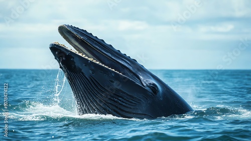 A humpback whale breaches the surface of the ocean,  splashing water into the air. photo