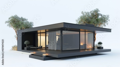 3d rendering illustration of a modern minimalist house with green trees on a white background