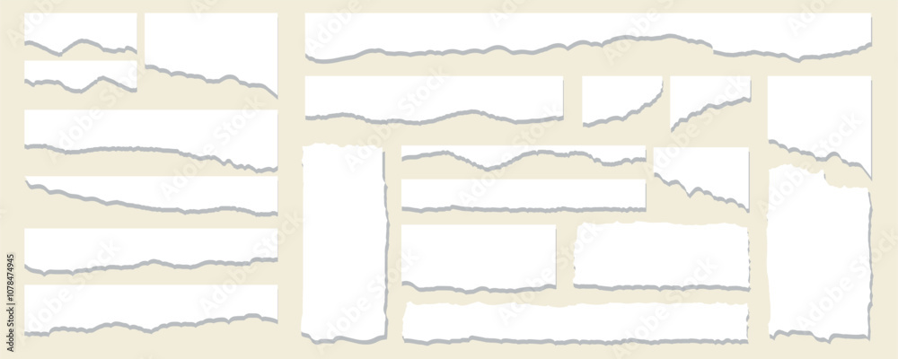 White torn paper sheets rip pieces of edge effect, collection of ripped paper strip element set. Clipart ripped paper banner.
