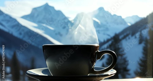 Hot coffee steaming in a black cup with a scenic mountain background