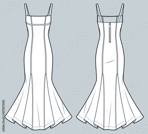 Godet Dress technical fashion illustration. Maxi Dress fashion flat technical drawing template,  straps, zipper, slim fit, front and back view, white, women CAD mockup.