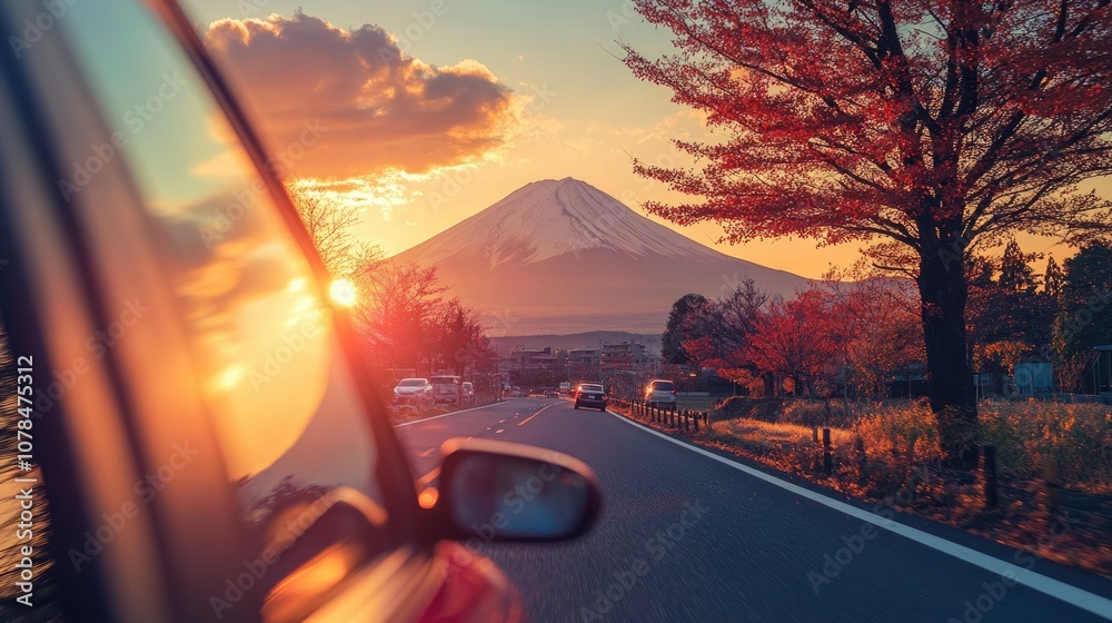 road trip concept picture of Fuji mountain and blurred car window to Fuji mountain, Japan on her holiday trip