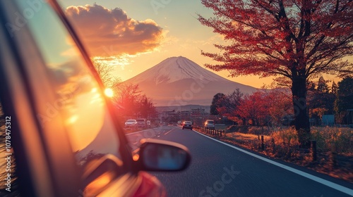 Obraz na płótnie road trip concept picture of Fuji mountain and blurred car window to Fuji mountain, Japan on her holiday trip w salonie