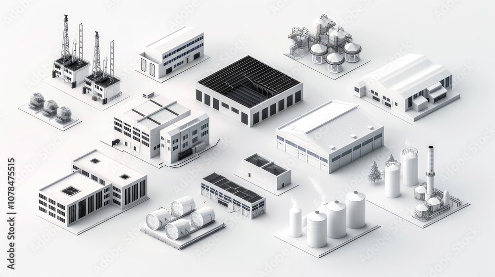Detailed Collection of Various Industrial Factory Buildings in Monochrome Illustrations