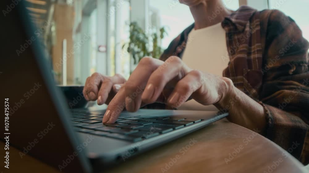 Closeup of hands of unrecognizable senior woman typing on laptop while sitting at table in cafe Closeup of hands of unrecognizable senior woman typing on laptop while sitting at table in cafe