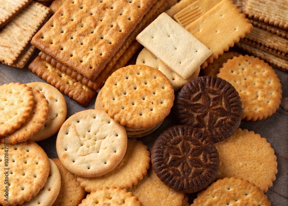 Close-Up of Assorted Biscuits and Crackers in a Macro View for Food Advertising and Design, Perfect for Culinary Promotions and Snack Product Marketing Close-Up of Assorted Biscuits and Crackers in a Macro View for Food Advertising and Design, Perfect for Culinary Promotions and Snack Product Marketing