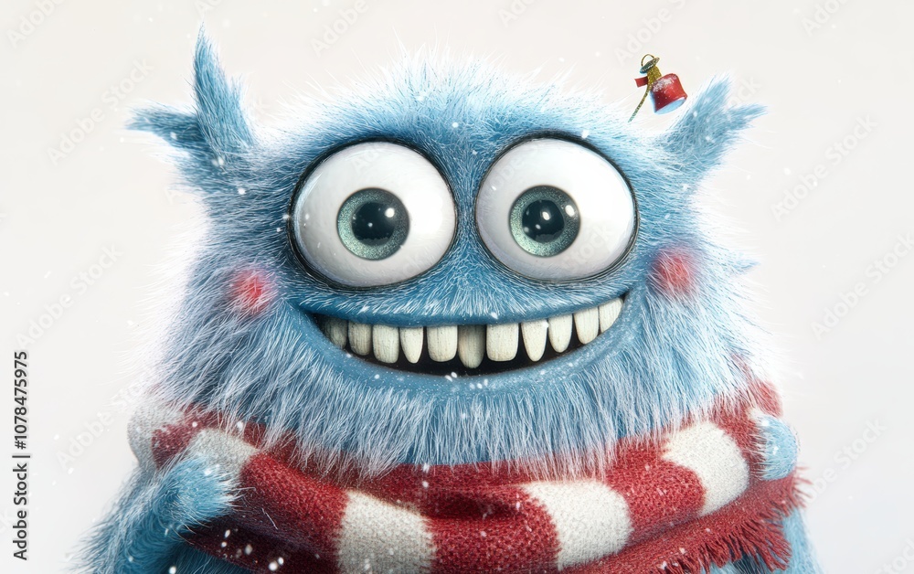 Obraz premium Happy Holiday Monster with Big Eyes: A joyful, chubby monster character with soft blue fur, expressive large eyes, and a wide grin, adorned with a red and white scarf and tiny bells on its tiny ears. 