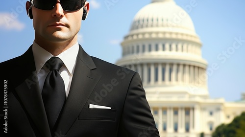 Confident secret service male agent security agent in suit near government building protecting president photo