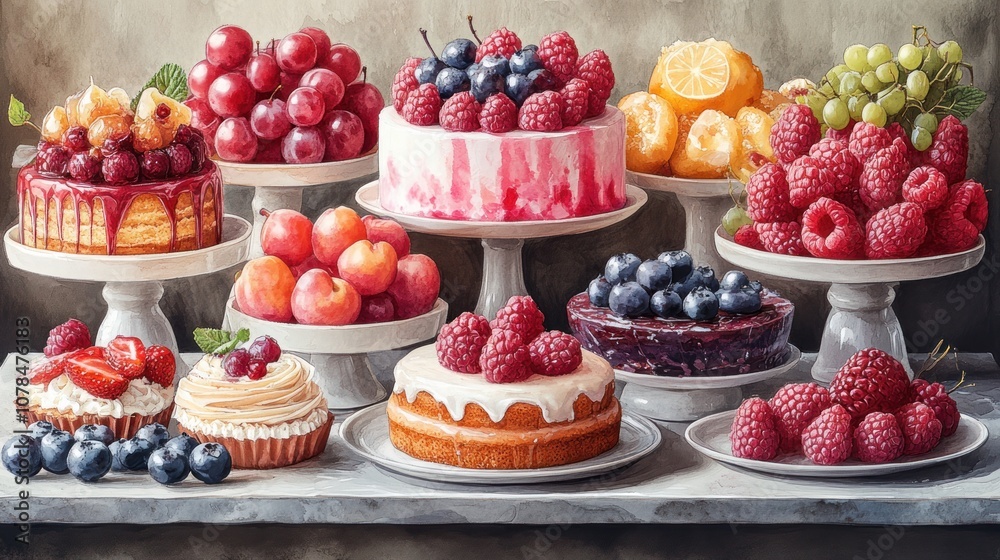 A vibrant display of assorted cakes and fresh fruits. A vibrant display of assorted cakes and fresh fruits.
