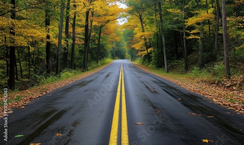 Autumn road surrounded by colorful trees, wet pavement, peaceful atmosphere