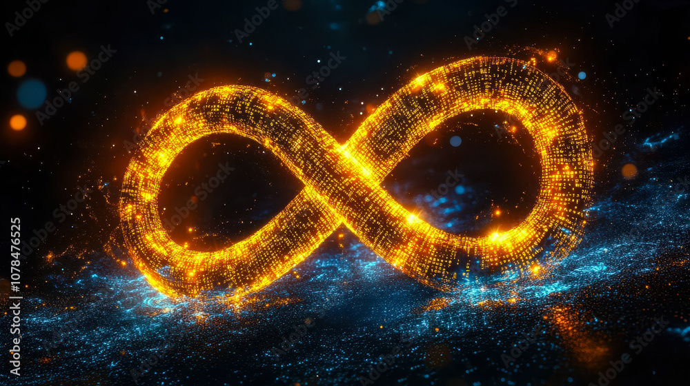 Glowing Yellow Infinity Symbol Composed of Binary Code Particles on Black Digital Background