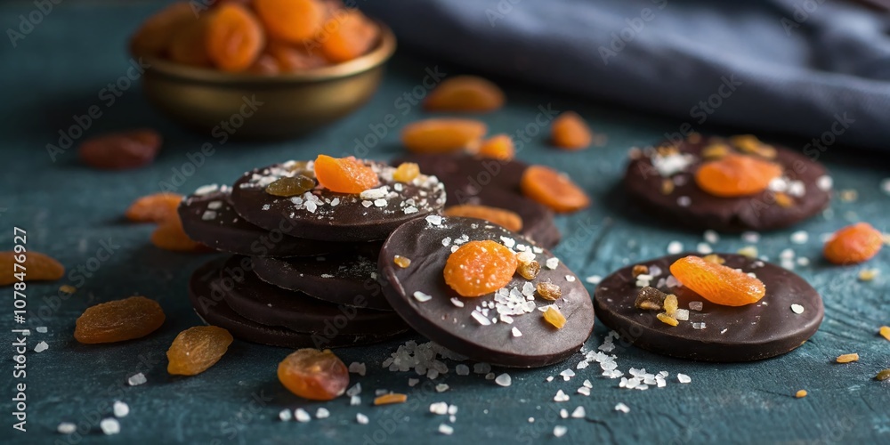 Close-up of Dark Chocolate Discs with Dried Apricots and Sea Salt on Rustic Blue Surface Highlighting Luxurious Textures and Rich Flavors in Low Light Photography Close-up of Dark Chocolate Discs with Dried Apricots and Sea Salt on Rustic Blue Surface Highlighting Luxurious Textures and Rich Flavors in Low Light Photography