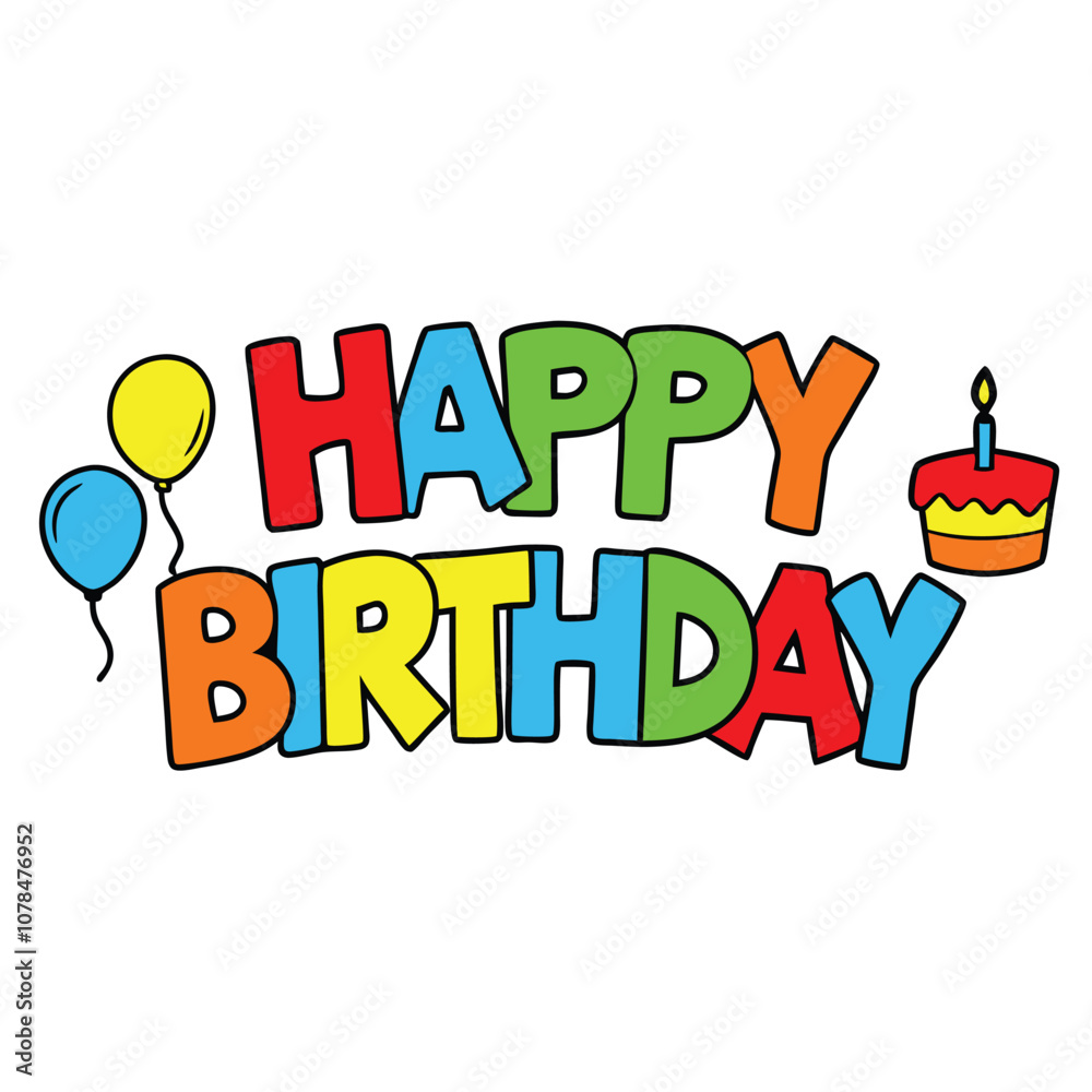 Fototapeta premium A birthday sign with a cake, candles, and balloons. The sign says Happy Birthday. The cake is on the left side of the sign, and the candles are on the right side