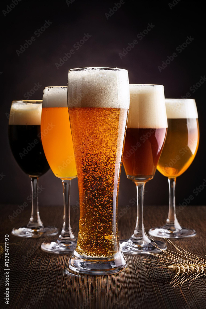 Glasses of beer on dark background. Alcohol and party. Glasses of beer on dark background. Alcohol and party.