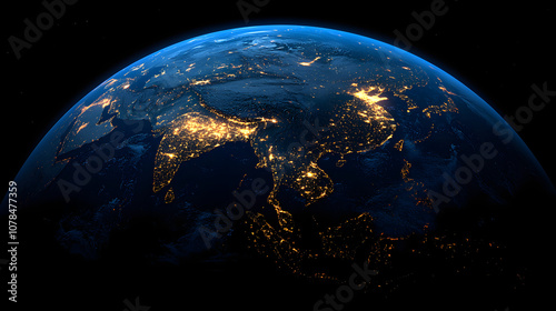 Fototapeta Naklejka Na Ścianę i Meble -  Satellite view of Earth globe from space, city lights by night, East Asia China map 