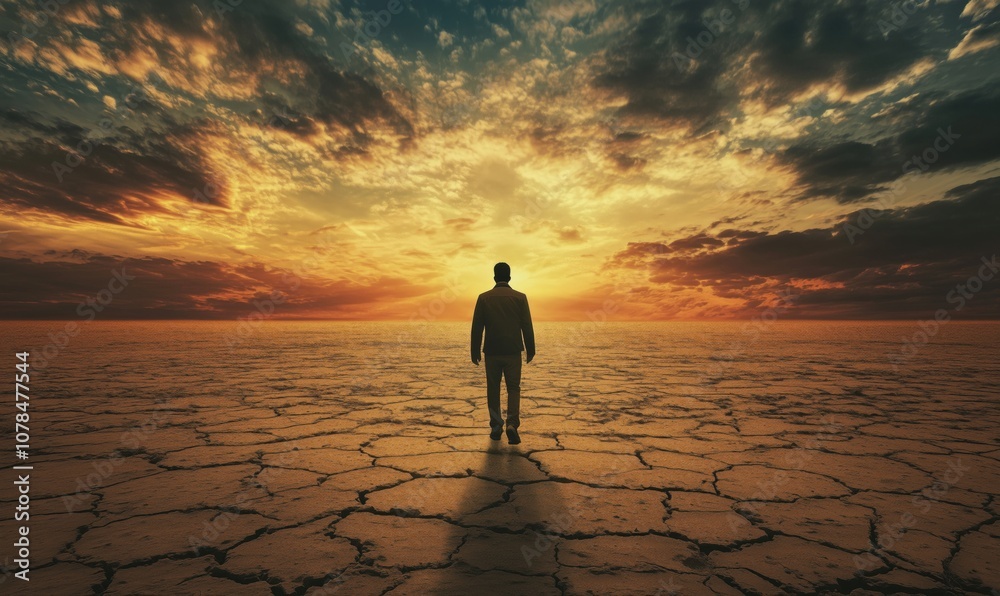 Man walking towards sunset over cracked earth, dramatic sky, solitude Man walking towards sunset over cracked earth, dramatic sky, solitude