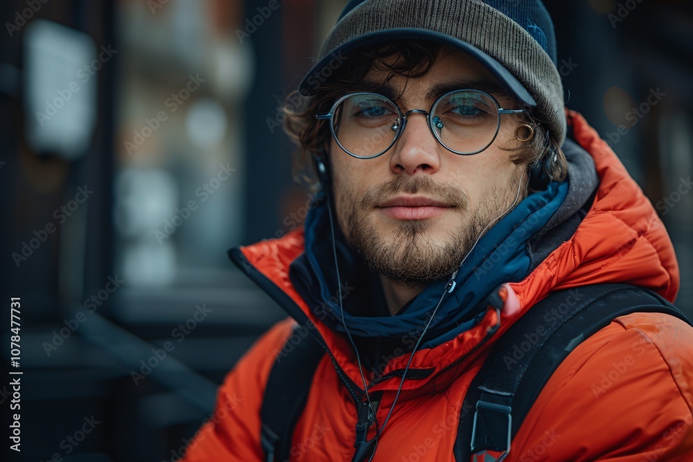 A young man with curly hair and glasses, dressed in a bright orange jacket and a beanie, listens to music with headphones while seated casually in an urban environment on a chilly day A young man with curly hair and glasses, dressed in a bright orange jacket and a beanie, listens to music with headphones while seated casually in an urban environment on a chilly day