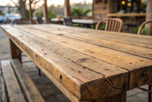 Close-Up of Rustic Wooden Table with Tilt-Shift Photography Effect, Capturing the Natural Textures and Details of the Wood Grain, Perfect for Home Decor and Furniture Design Inspiration