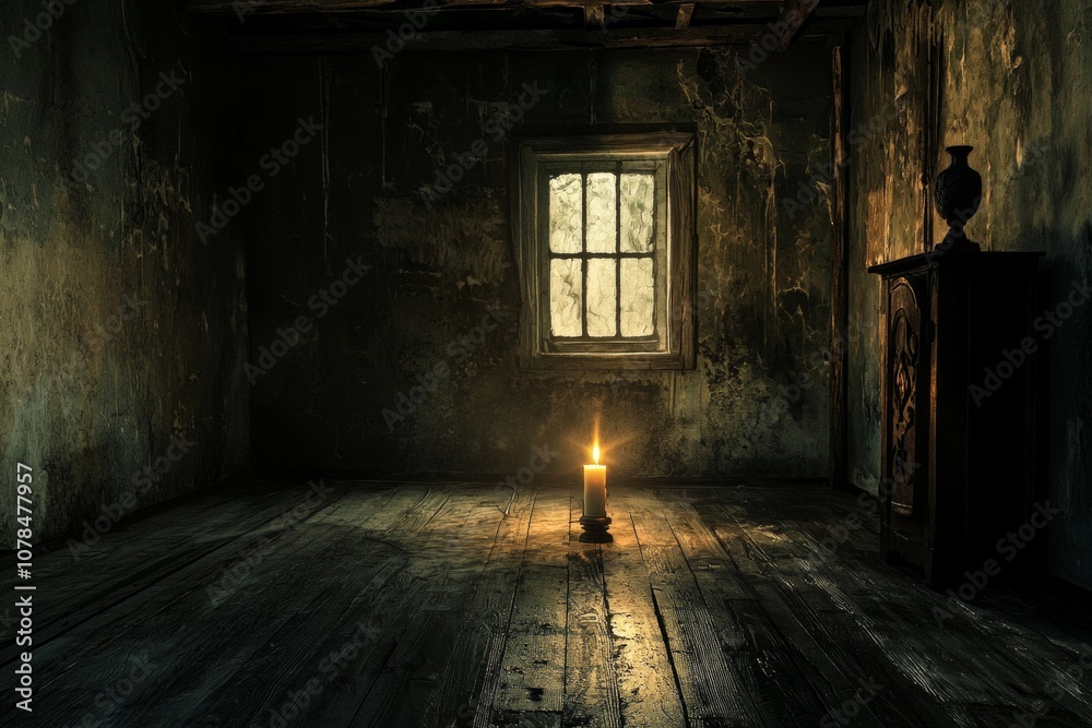 A single candle burning in the middle of a dark, rustic room A single candle burning in the middle of a dark, rustic room