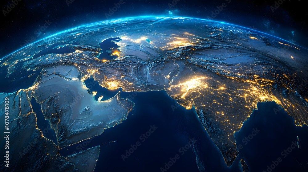 Satellite view of Earth globe from space, lights by night, Middle East abstract digital map Satellite view of Earth globe from space, lights by night, Middle East abstract digital map
