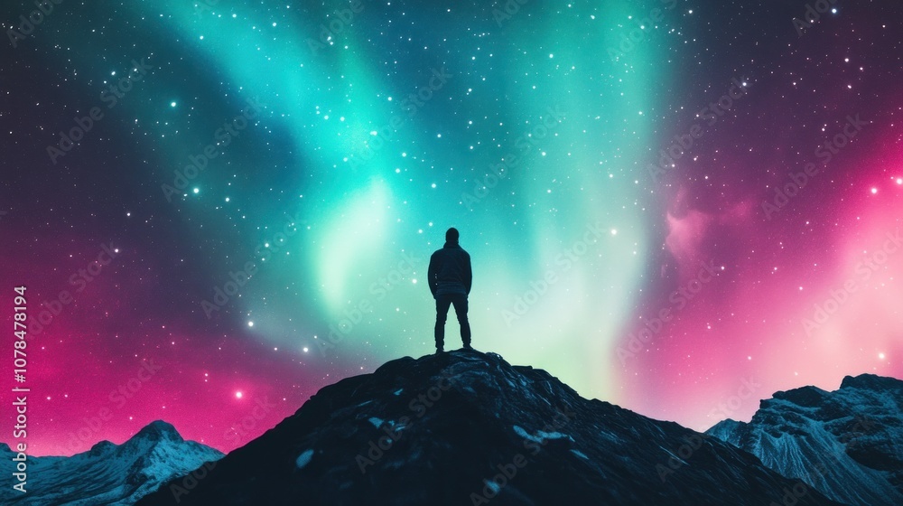 Fototapeta premium Silhouette of a Man Gazing at the Aurora Borealis