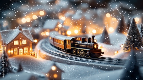 Festive holiday train surrounded by snowy landscapes and Christmas decorations, creating a magical scene photo