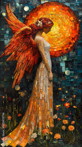 An angel in the night sky in a brightly colored mosaic