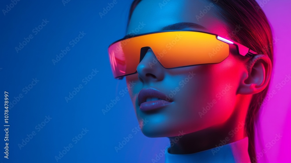 Fashionable woman in neon lighting with reflective sunglasses Fashionable woman in neon lighting with reflective sunglasses