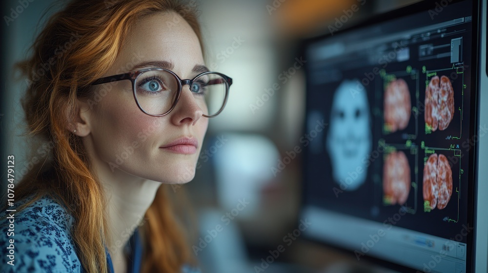 A focused woman analyzing brain scans on a computer screen. A focused woman analyzing brain scans on a computer screen.