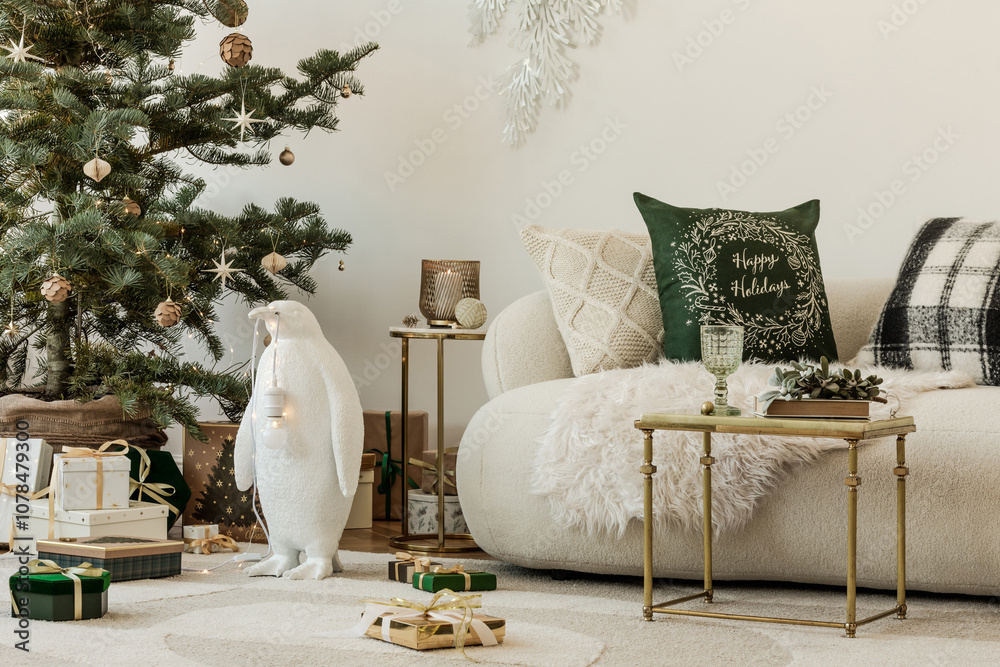 Naklejka premium Charming Christmas corner with a tree, wrapped presents, and a cozy sofa. Inviting holiday home decor in soft tones.