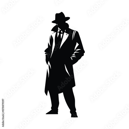 A man in a black coat and hat. He is wearing a tie. He is standing in front of a white background